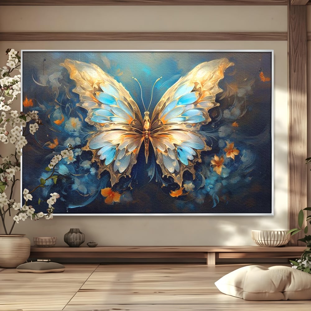 Tablou canvas cu tablou canvas cu fluture si flori, in rama de aluminiu argintiu